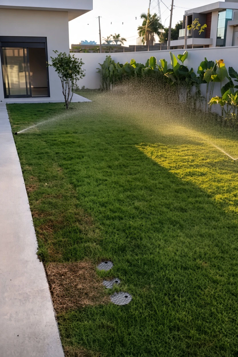 Aspersores de irrigação automática regando o gramado de uma residência